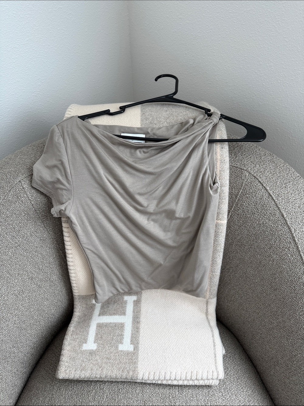 Meshki Taupe Short Sleeve Draped Neck Top